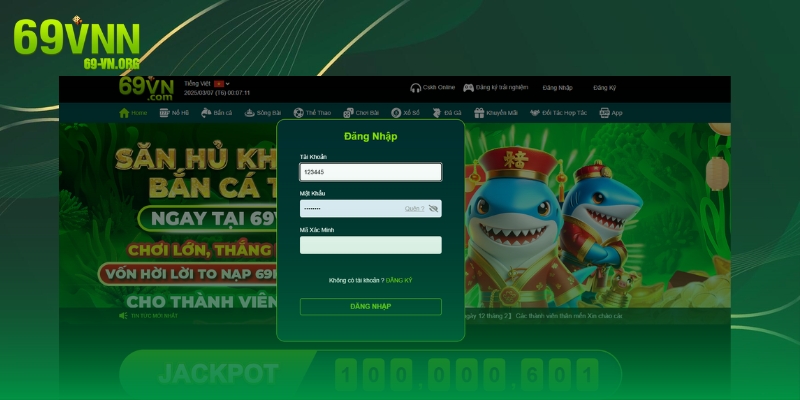 Điền chính xác thông tin đăng nhập 69VN