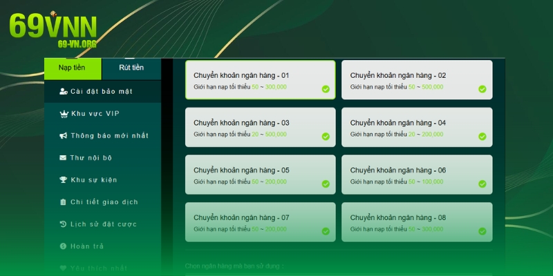 Điền thông tin rút tiền 69VN trên trang web